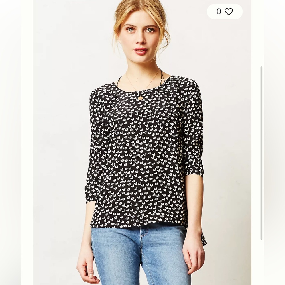 Maeve by Anthropologie Heart Print 100% Silk Top Size Small